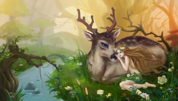 梦幻森林里的麋鹿和女人海报背景背景