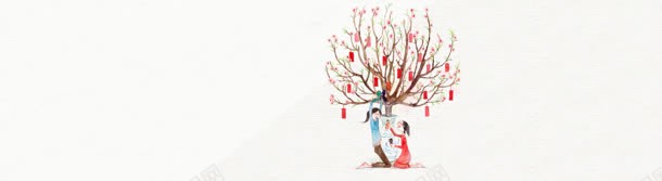 红色花树女孩卡通背景