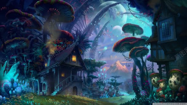 魔幻蘑菇森林小屋背景