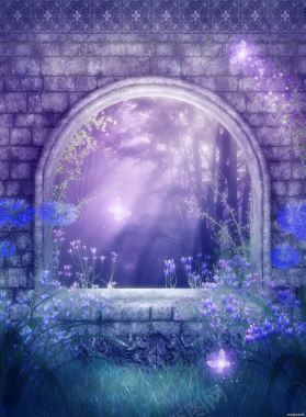紫色花朵拱形窗户背景背景