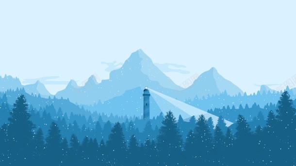 蓝色冬季雪山松树林灯塔海报背景背景