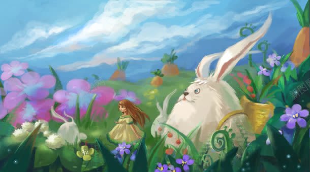 梦幻平原上的兔子和女孩海报背景背景