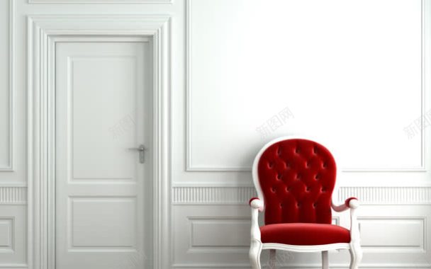 红色椅子白色木门背景