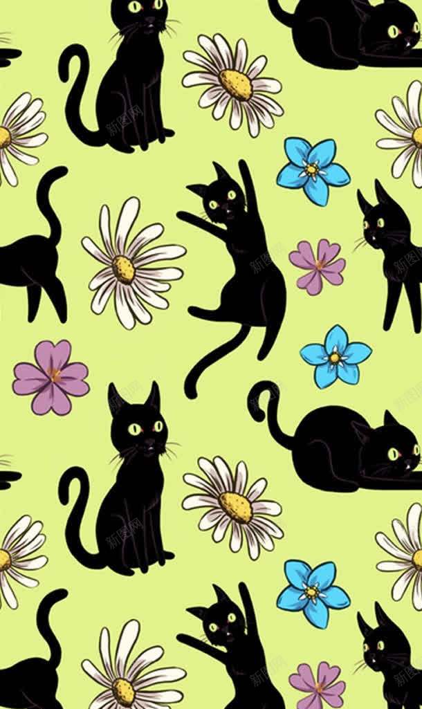 手绘黑色猫咪花朵jpg设计背景_88icon https://88icon.com 花朵 黑色 黑色底图