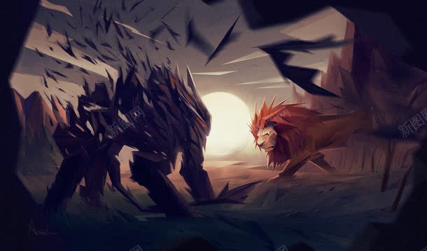 狮子战斗威力手绘背景