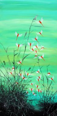 绿色芦苇红色蜻蜓动漫海报背景背景