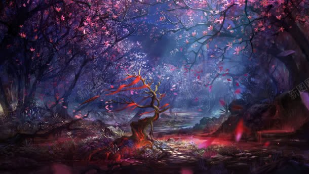 红色花树梦幻树林海报背景背景