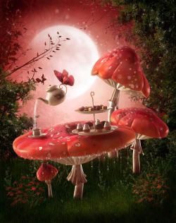 红色茶壶梦幻蘑菇背景高清图片