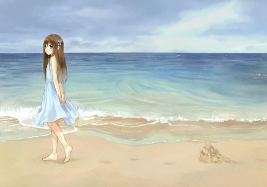 卡通手绘海边的小萝莉背景