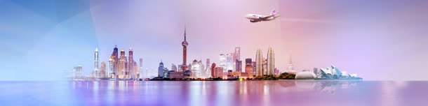 繁华都市上海立绘彩绘飞机起飞环境渲染背景