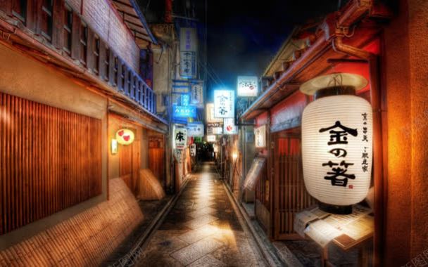 日本传统建筑街道灯笼夜景背景