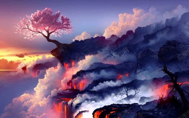 彩绘世外桃源云朵树木天空环境渲染背景