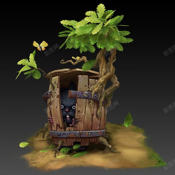 手绘绿植动物木桶jpg设计背景_88icon https://88icon.com 动物 木桶