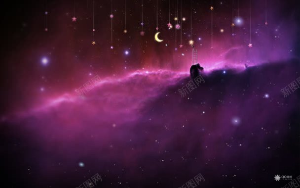 紫色星空悬挂的星星月亮海报背景背景