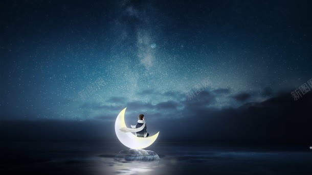 夜幕卡通湖水月亮上的男孩海报背景背景