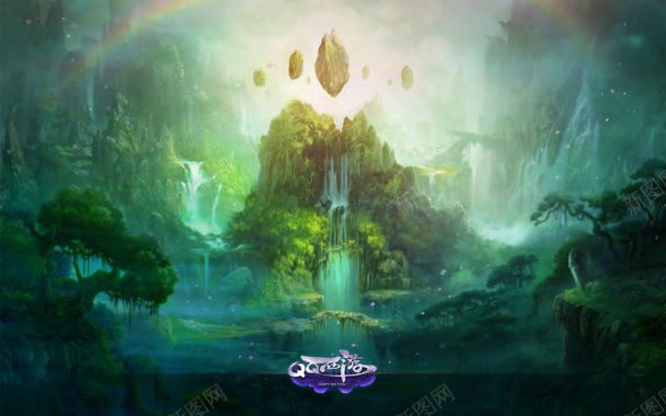 梦幻绿色森林瀑布海报背景背景