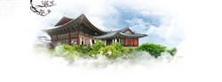 蓝天白云绿草韩国传统建筑背景banner高清图片