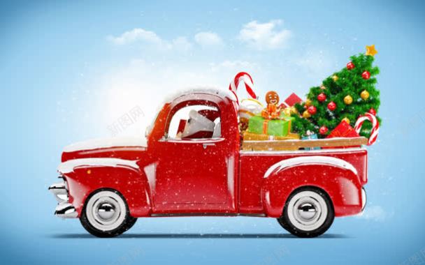 红色的汽车承载着圣诞树背景