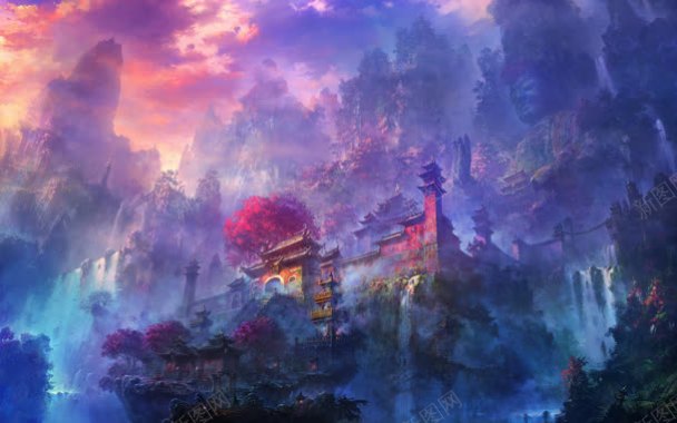 紫色背景少林寺图背景