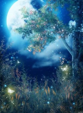 月亮蝴蝶树木背景背景