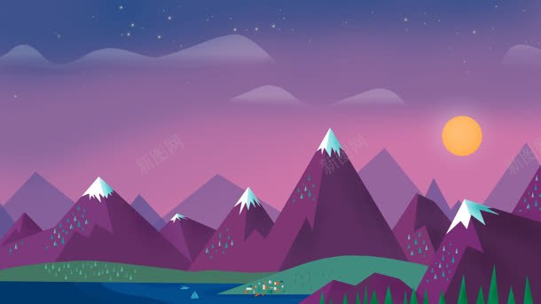 手绘卡通紫色山峰树林背景