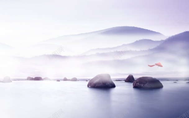 紫色山峦水面巨石海报背景背景