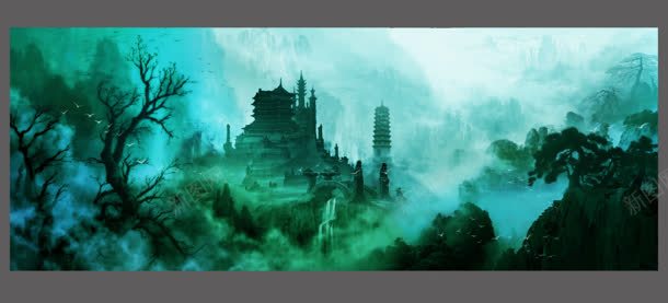 游戏场景绿色环境效果天空云雾缭绕背景