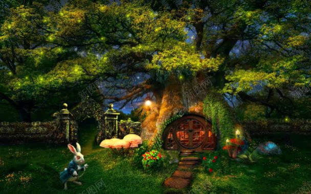 森林木屋茂盛树叶兔子背景