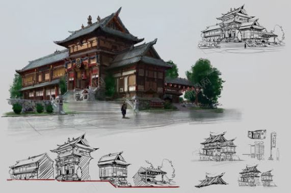 古典传统建筑手绘插画背景