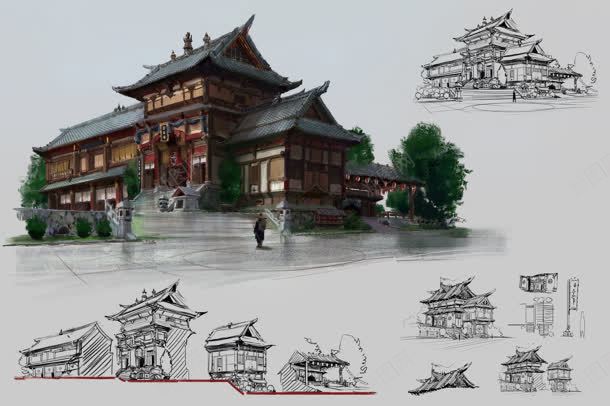 古典传统建筑手绘插画jpg设计背景_88icon https://88icon.com 传统 古典 建筑 插画