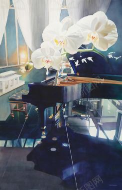手绘水彩钢琴花朵背景