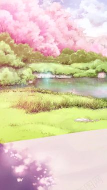 彩绘粉色花朵绿色草丛蓝天云朵背景