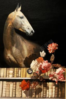 唯美油彩画马和花朵蝴蝶背景