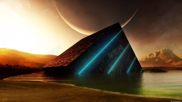 高科技黄昏水面三角形建筑海报背景背景