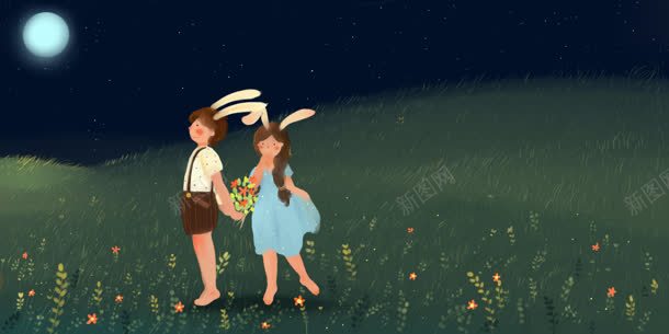 草地夜晚兔子少年少女海报背景背景