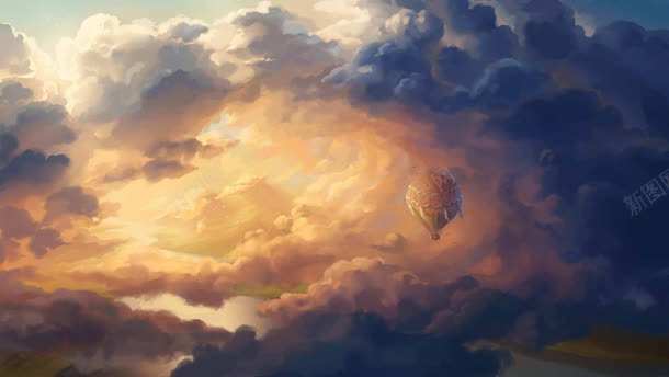 夕阳下乌云里的氢气球背景
