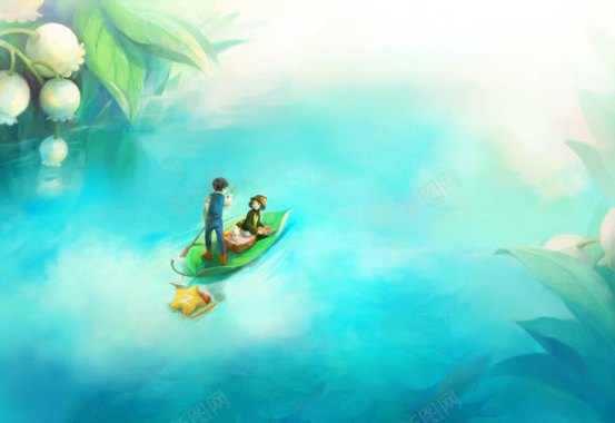 童话里的动漫人物与小舟背景