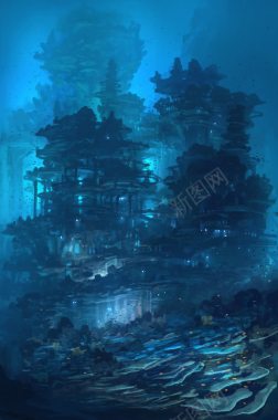 蓝色幽森的森林城堡建筑光效背景