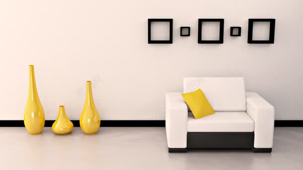 家居室白色沙发照片墙花瓶背景