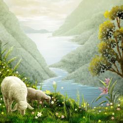 风景油画设计素材山川河流与动物油画高清图片