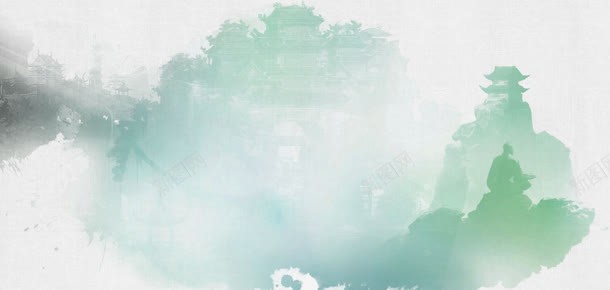 绿色仙侠山峰楼阁海报背景背景