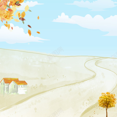 手绘卡通风秋季枫叶弯曲的路主图背景背景