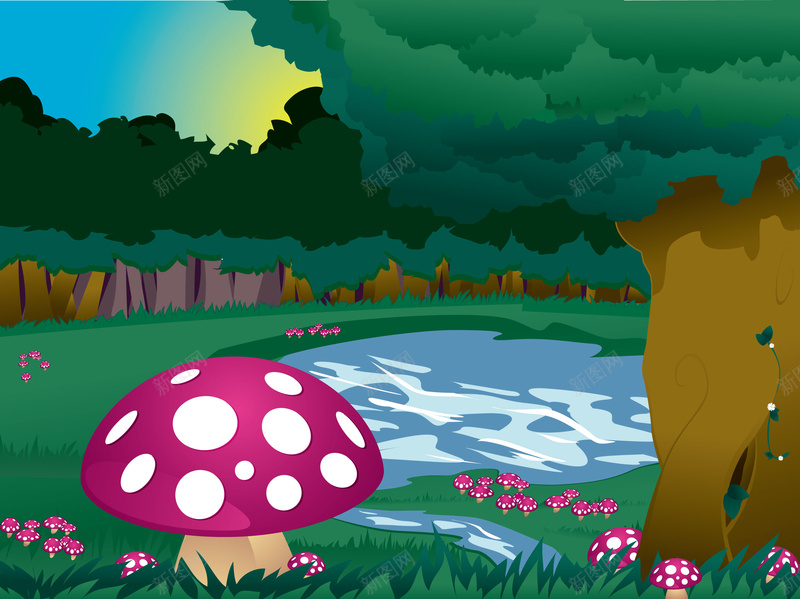 手绘蘑菇森林海报背景矢量图ai设计背景_88icon https://88icon.com 卡通 小河 手绘 森林 背景海报 蘑菇 矢量图