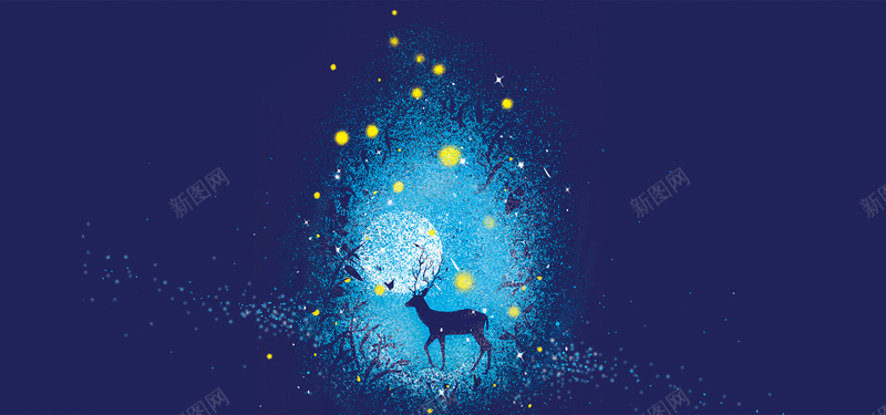 星空下的鹿插画BANNERpsd设计背景_88icon https://88icon.com 动物插画 壁纸 夜景 手绘 插画 星空 月亮 桌面 萤火虫 鹿