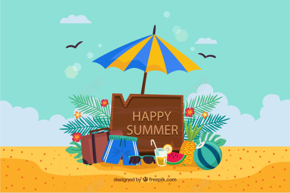 夏日海边遮阳伞水果组合矢量图背景
