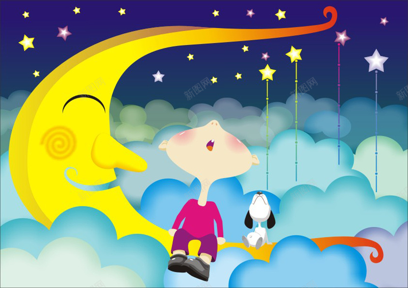 卡通插画展板cdr设计背景_88icon https://88icon.com 卡通 卡通插画 天空 手绘 月亮 白云 童话世界 童趣