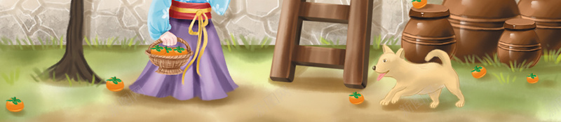 手绘卡通人物摘柿子psd设计背景_88icon https://88icon.com 元素 手绘人物 手绘背景图 柿子树 树叶元素 鹤