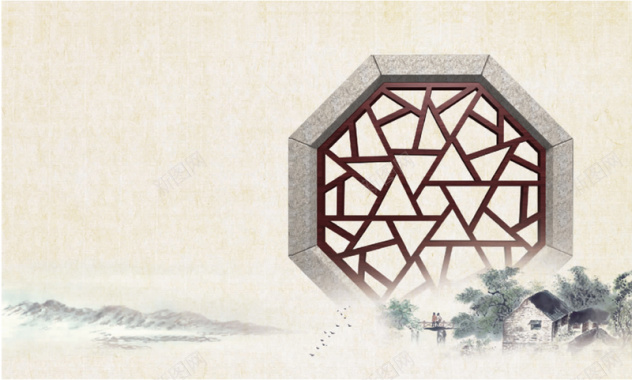 中国风古代窗格水墨画背景矢量图背景