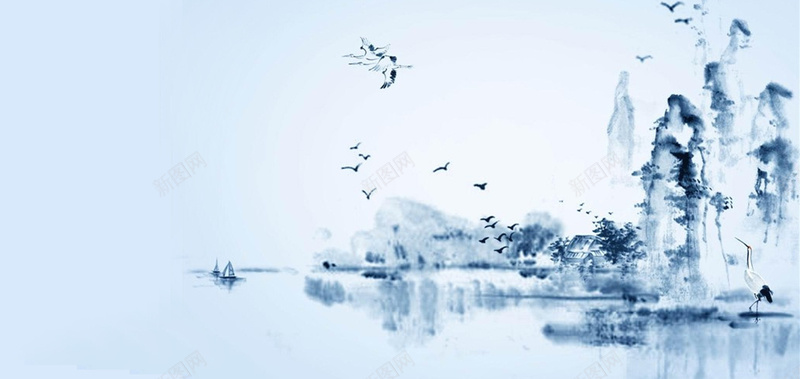 中国风水墨画白鹭风景平面广告背景