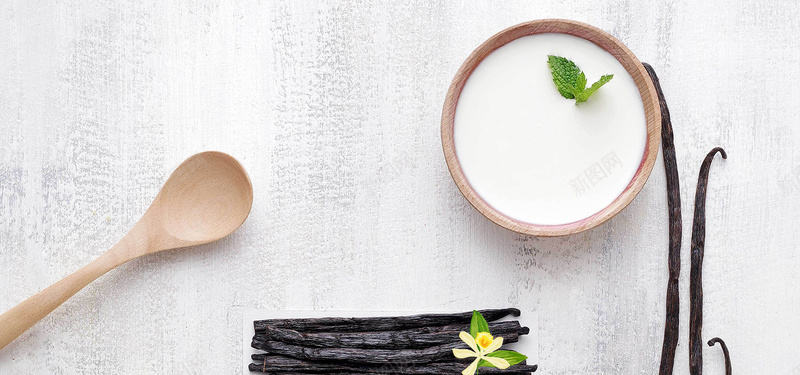 日系清新文艺酸奶美食木勺木碗质感纹理背景摄影图片